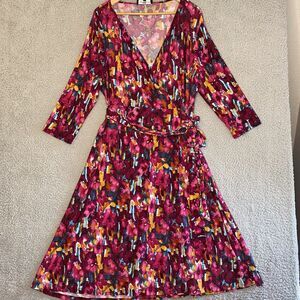 Art To Wear Jones New York Wrap Midi Dress 18W Watercolor Floral LS Stretch